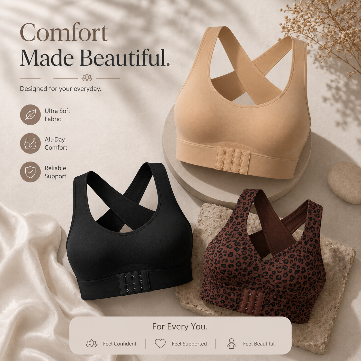 Cross Back Front Closure Wireless Posture Support Bra