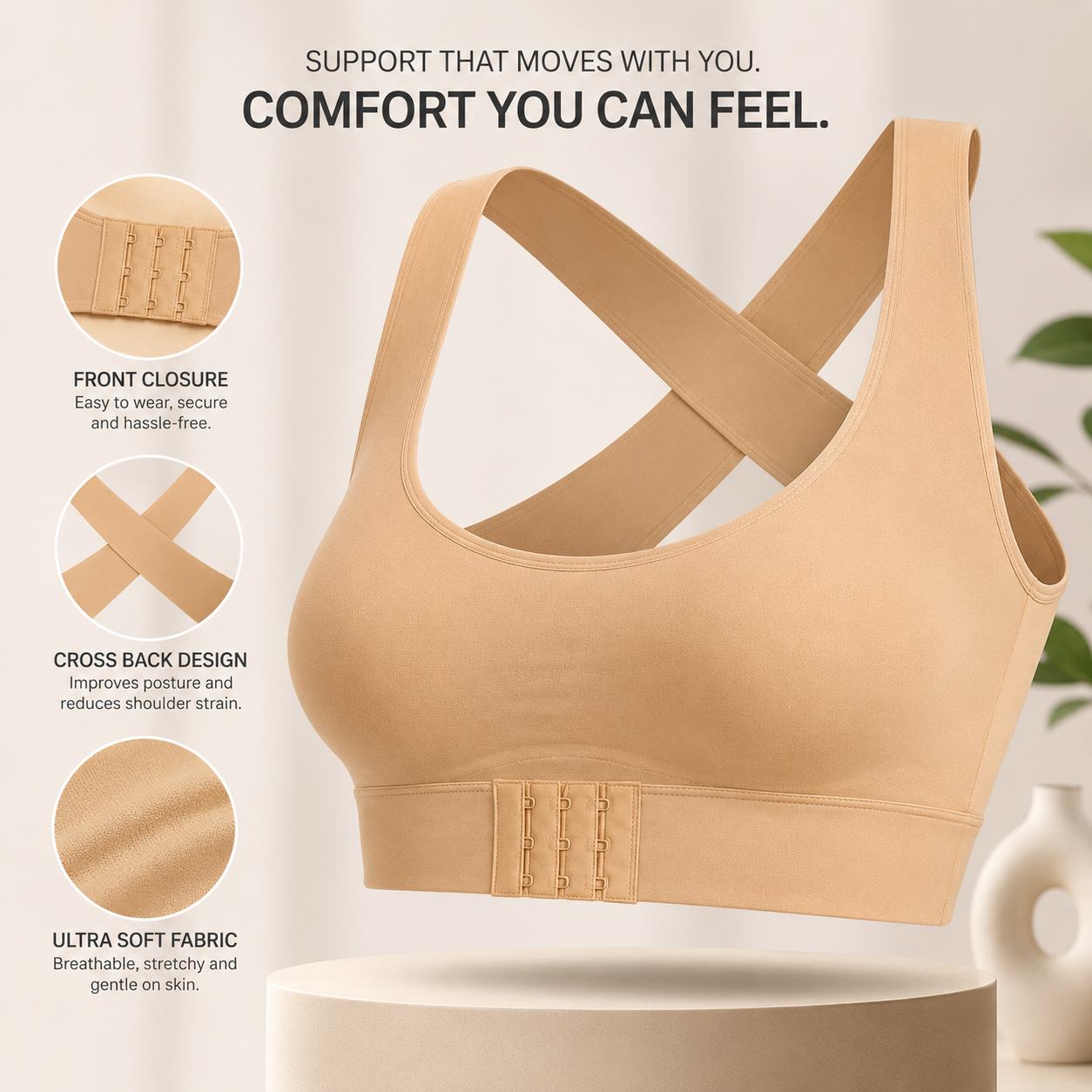 Cross Back Front Closure Wireless Posture Support Bra