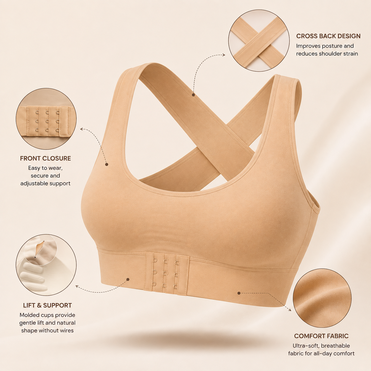 Cross Back Front Closure Wireless Posture Support Bra